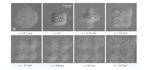 Abbildung 3: REM-Aufnahmen von Edelstahlproben nach Bestrahlung mit linear polarisierten fs-Einzelpulsen bei konstanter Einzelpulsenergie. a|SqAiryShape ermöglicht hohe Flexibilität bei der Erzeugung verschiedener quadratischer Profile durch Variation des Arbeitsabstandes. Abbildung 3: REM-Aufnahmen von Edelstahlproben nach Bestrahlung mit linear polarisierten fs-Einzelpulsen bei konstanter Einzelpulsenergie. a|SqAiryShape ermöglicht hohe Flexibilität bei der Erzeugung verschiedener quadratischer Profile durch Variation des Arbeitsabstandes.