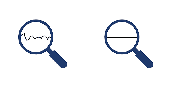 Fig. 2 & 3 - Left: Zoom before Ångström-Polishing (short frequency errors, local frequencies) Right: Zoom after Ångström-Polishing (short frequency errors removed, local frequencies corrected