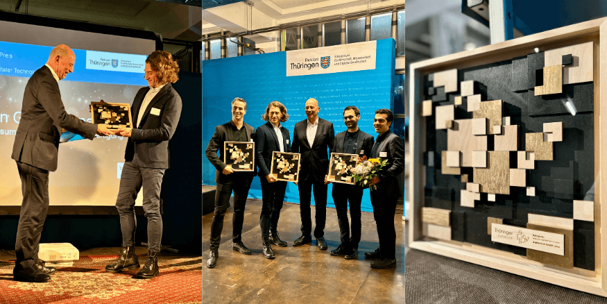 Pictures of the award ceremony in Erfurt on November 27, 2024. Left: Thuringian Economics Minister Wolfgang Tiefensee with asphericon CEO Sven Kiontke; centre: all winner of the Digital Prize Thuringia 2024; right: Digital Prize Thuringia